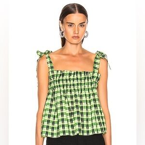 Ganni Green and Black Seersucker Checker Top